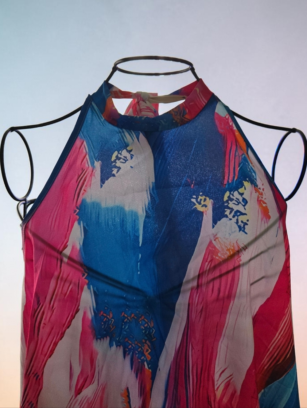 Abstract Brushstroke Halter Dress in Pink & Blue - Picture 2 of 4